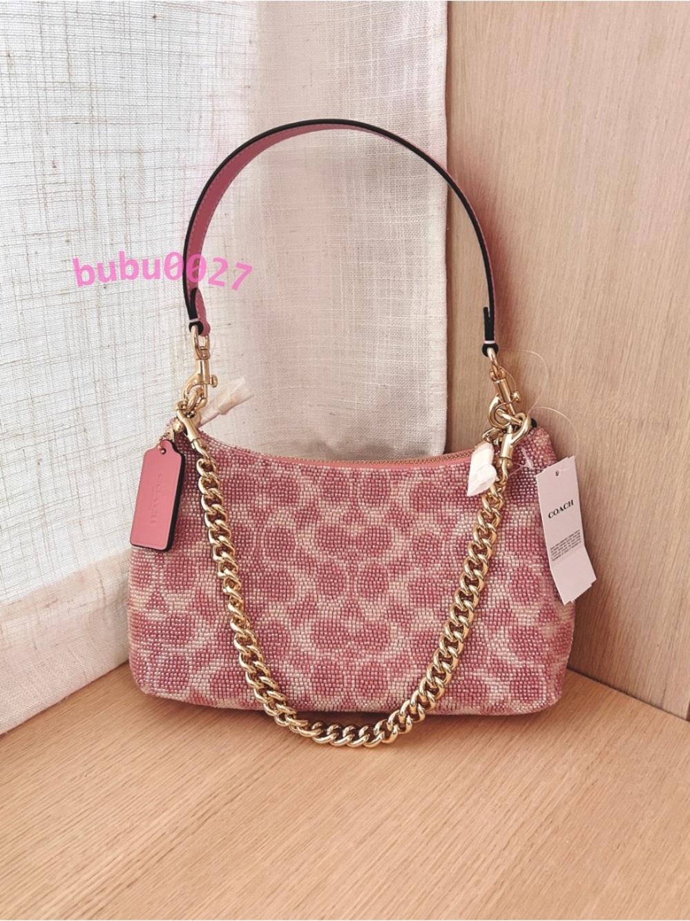 NWT💖Coach Teri Shoulder Bag In Signature Beaded Satin Pink CET14 Chain Special
